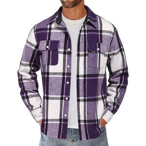 Men Purple Flannel Shirt Long Sleeve Cotton Plaid Shirt Casual Button Down Shirt